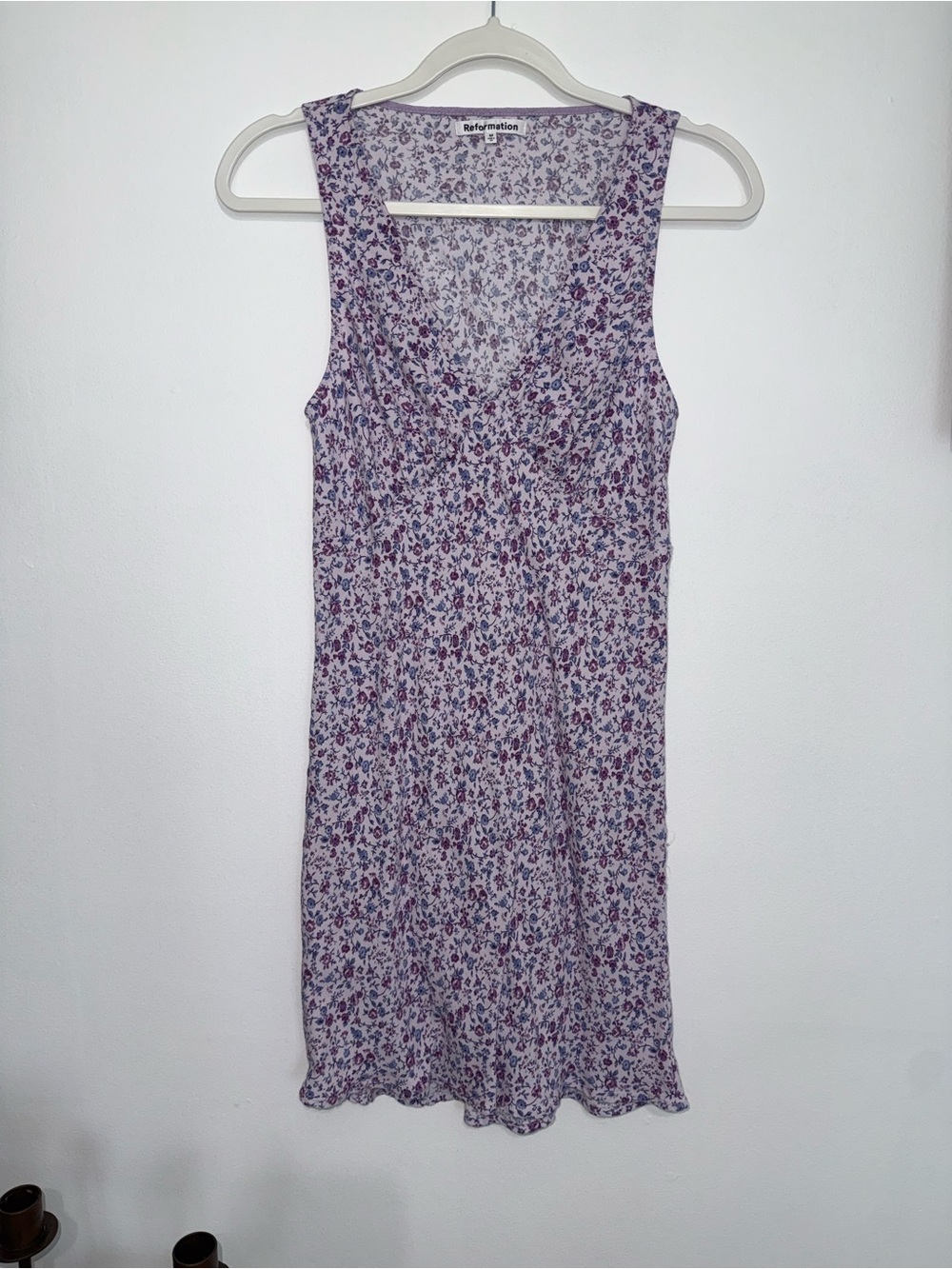 Reformation Lavender Floral V-Neck Mini Dress